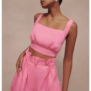 NWT Aje 10 (US 6) 100% Linen Barbie Pink Eden Open Tie Back Square Neck Crop Top